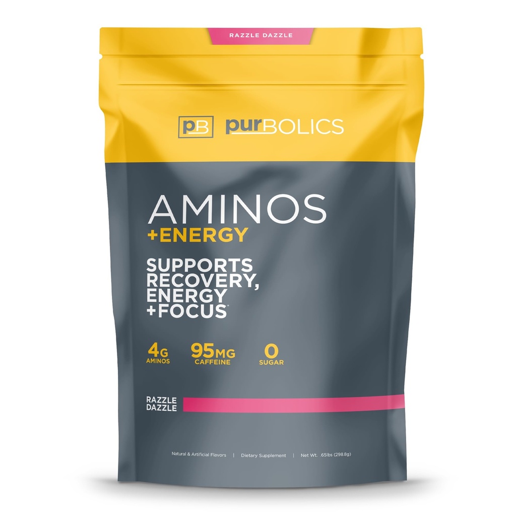 Purbolics Aminos + Energy | Supports Recovery, Energy & Focus | 95mg of Caffeine, 0 Sugar & 60 Servings (Razzle Dazzle)