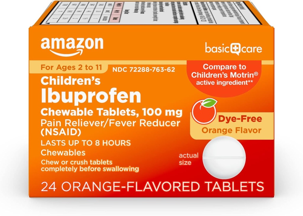Cuidado básico Tablas para niños Ibuprofeno, Alimentador de dolor y Reductor de fiebre, Sabor de naranja, Edades 2-11, Dura hasta 8 Horas, 100 mg, 24 Cuenta