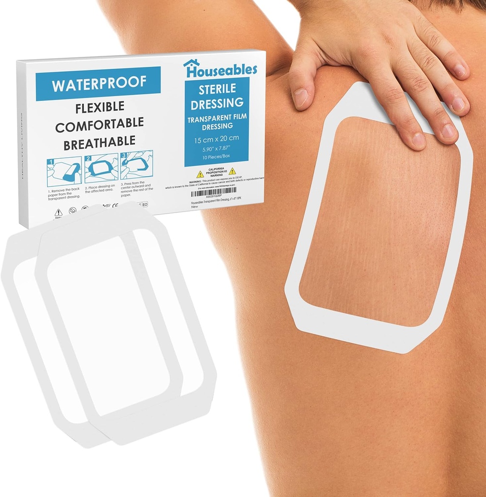 Houseables Waterproof Bandages, Transparent Film Dressing, Waterproof Bandages Post Surgical, 6x8, Wound Cover, Transparent Dressing, Wound Covers for Showering, Water Proof Patches for Skin, Large