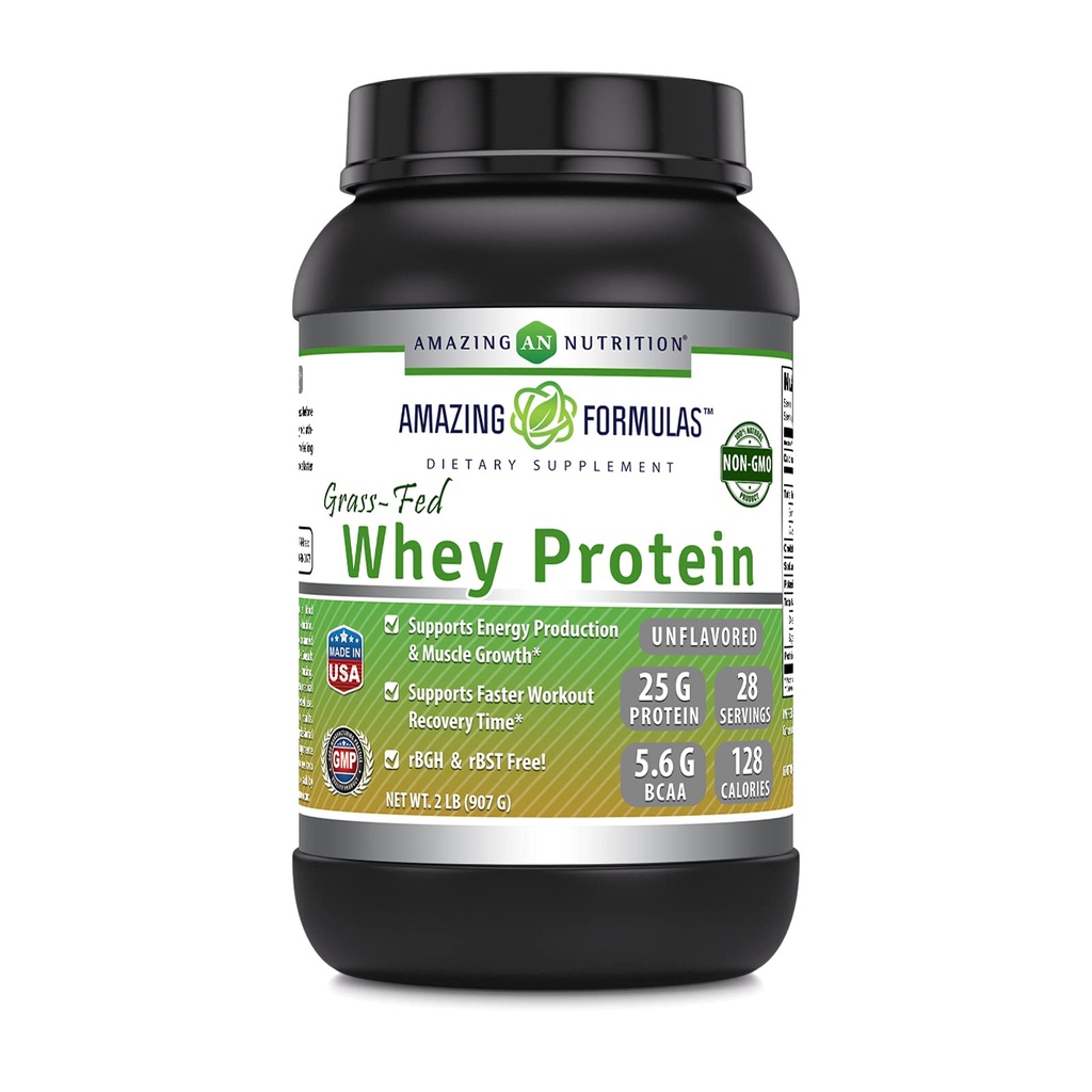 Amazing Formulas Grass-Fed Whey Protein Powder | 25 Grams Protein Supplement | Natural Sweetener and Flavor | Contains BCAA & EAA | Non-GMO | Made in USA (2 Lb, Unflavored)