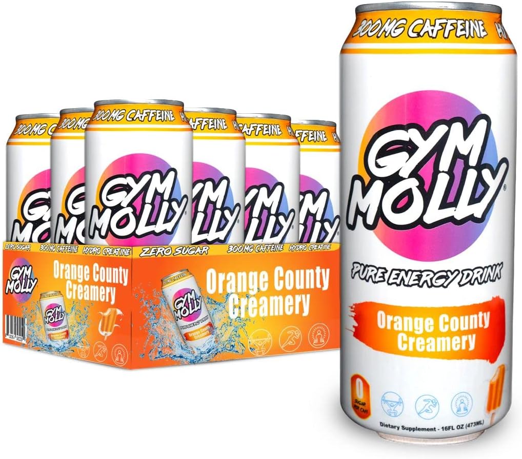 Gym Molly Orange County Creamery Energy Drink Cans ← Cero Azúcar ← Hidro Creatina Silencio Vegan BCAAs ← B Vitaminas latitud 16 fl oz (Pack of 12)