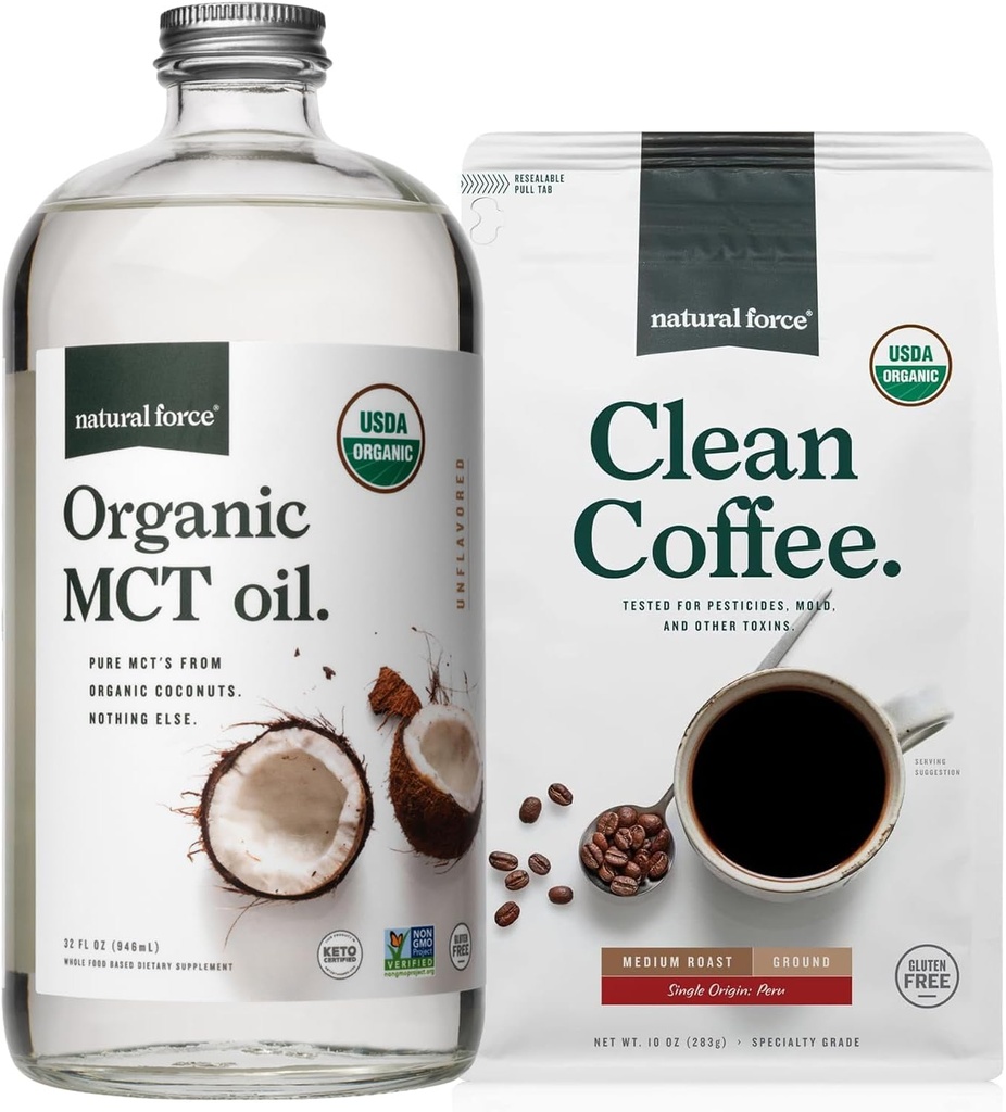 Natural Force Organic Ground Clean Coffee + Organic MCT Oil Bundle – 100% Pure Coconut MCTs & Mold & Mycotoxin Free Coffee – Non-GMO, Keto, Paleo, and Vegan - 10 Oz Bag and 32 Oz Glass Bottle