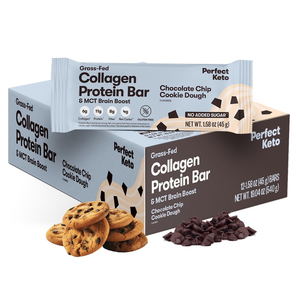 Perfect Collagen Protein Bars, Gluten Free Grass Fed Collagen + MCT Oil, Low Carb, No Sugar Added, High Protein Snacks, Keto Diet Foods, 11g Protein, 18g Fat, 3g Net Carbs, Chocolate Chip, 12 Bars