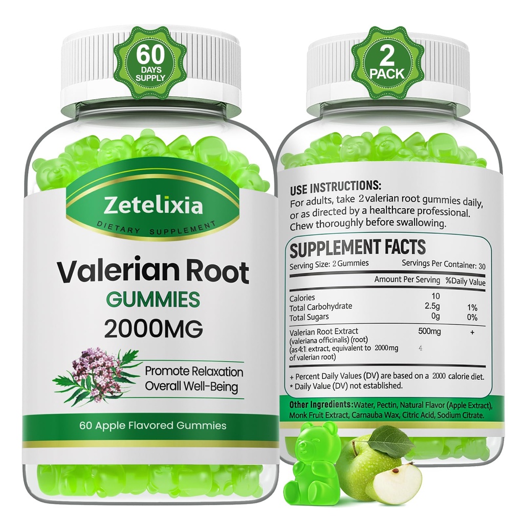 2 Pack Orgánica Valerian Root Gummies, Herbal Supplement for Relaxation & Mood Support, Sleep Gummies Without Melatonin for Adults, Vegan, Non-GMO, Apple Flavor, 120 Conde