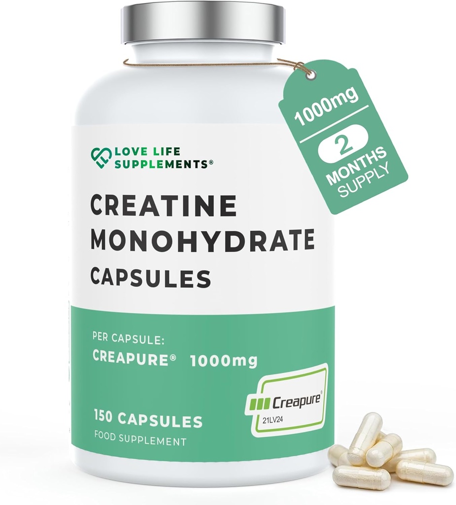 Love Life Supplements Creapure® Creatine Monohydrate, 150 Capsules, 1 Gram por Capsule (no Powder o Tablets), 30-50 Servings, for Muscle Building, Strength & Power Output, 3rd Party Tested