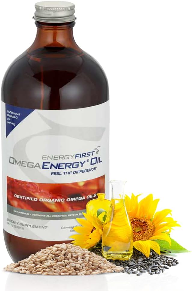 EnergyFirst Omega Energy Oil - Omega 3 &amp; 6 Suplemento con Flaxseed, Sunflower, Sesamo &amp; Pumpkin Seed Oil, Vegan Antioxidant &amp; 12oz