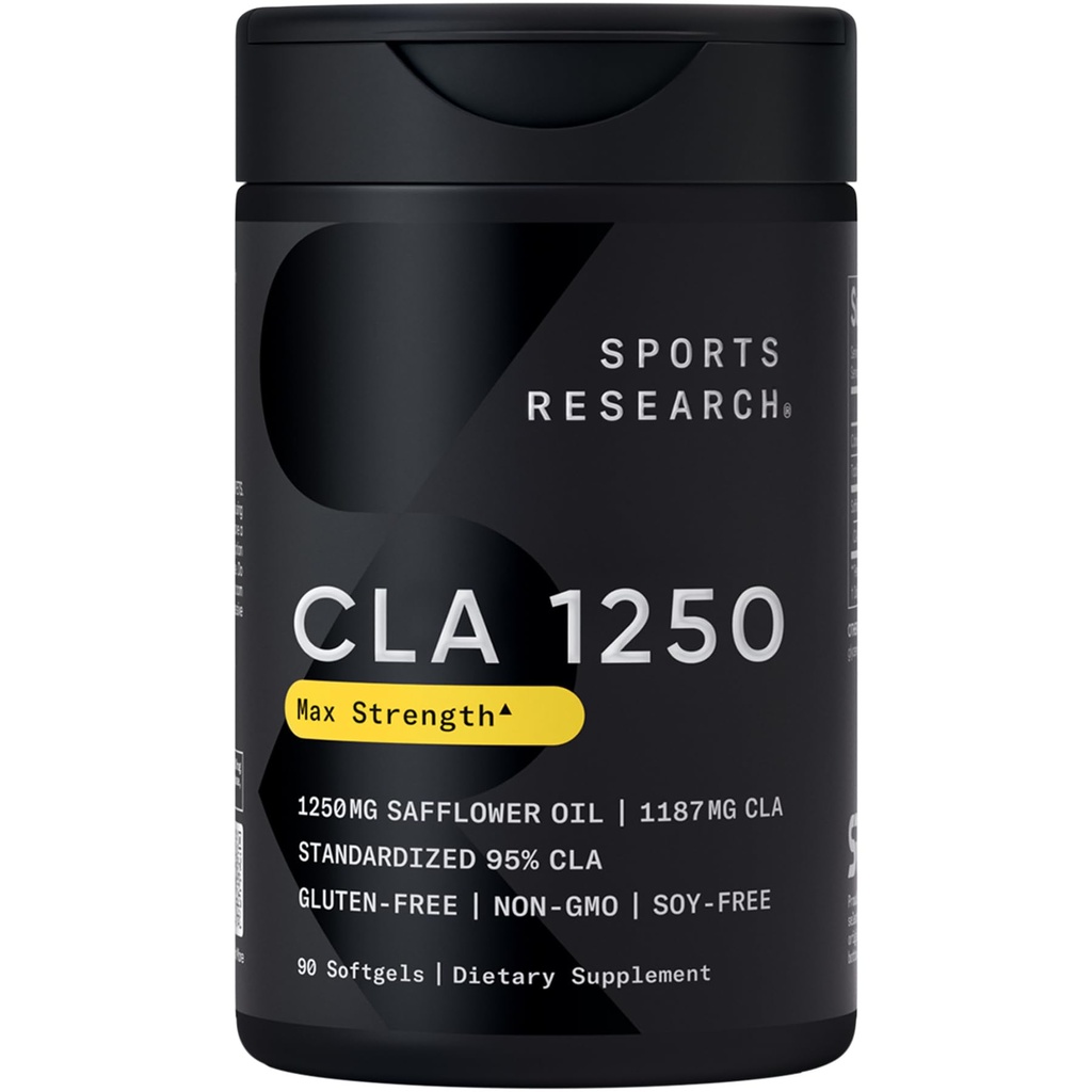 Sports Research CLA - 1250mg con ácido linoléico conjugado activo para hombres y mujeres ← No GMO, Soy &amp; Gluten Gratis - 95% (90 Softgels)