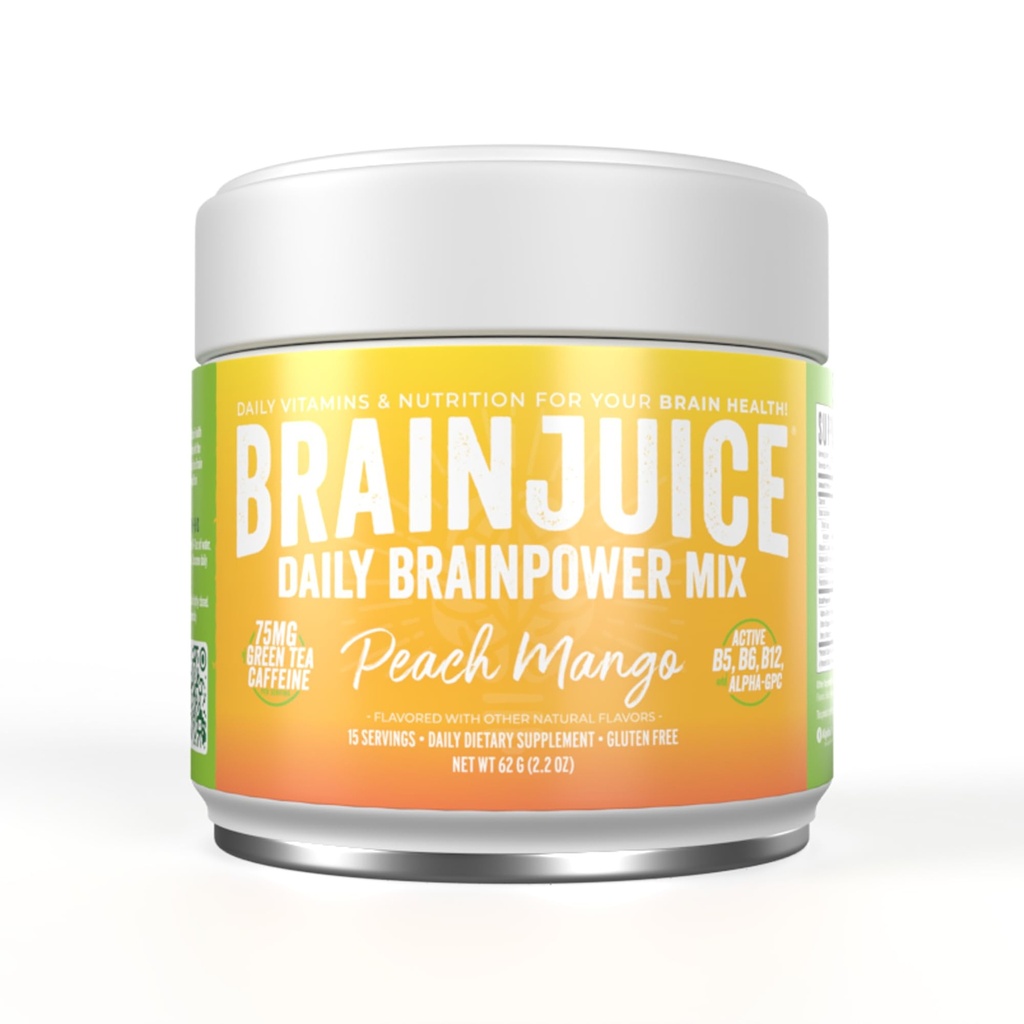 BrainJuice Nootropics Brain Support Supplement, Gluten Free Powder for Energy and Focus, Drink Mix with L Theanine, Alpha GPC, Vitamina B, Organic Green Tea Extract Caffeine, Peach Mango, 15 Servings