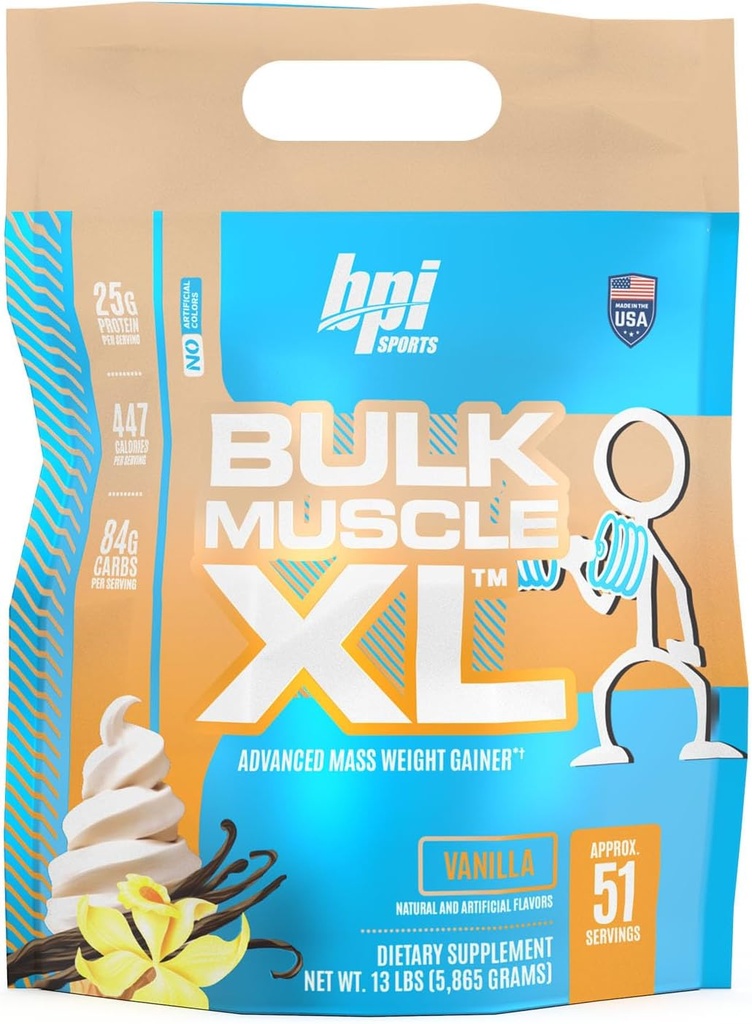 BPI Sports Bulk Muscle XL - Advanced Mass Weight Gainer for Serious Muscle Building " Recovery, 25g Protein " 497 Calories Por Serving - Chocolate, 13lb Bag (13lb, Vanilla)