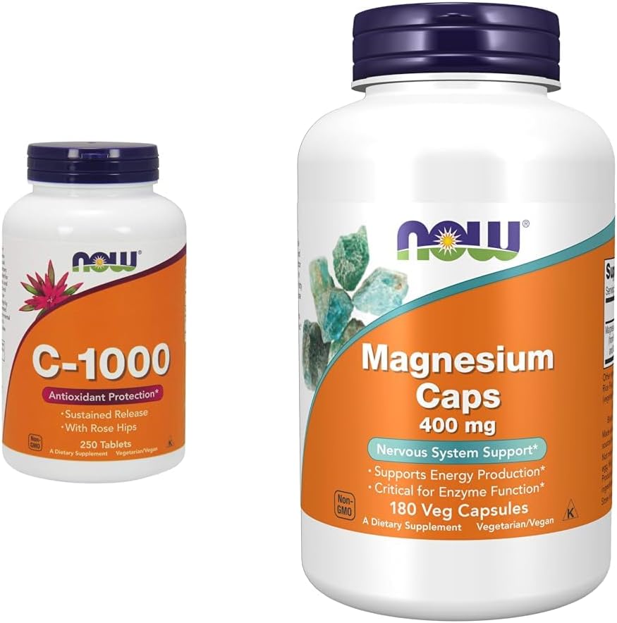 AHORA Suplementos, vitamina C-1.000 con HIPS rosa, liberación sostenida, protección antioxidante*, 250 Tabletas & Suplementos, Magnesio 400 mg, función enzimática*, soporte del sistema nervioso*, 180 cápsulas de veg