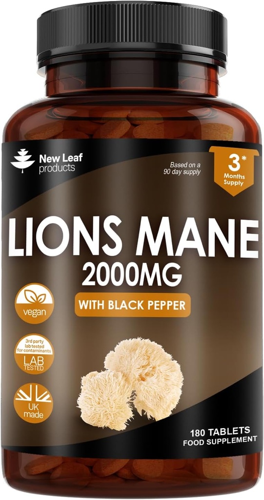 New Leaf Products Lions Mane Mushroom Extract Supplement 2000mg - 180 High Strength Vegan Tablets with Black Pepper - (Not Powder or Capsules) Made in The UK