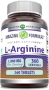 Increíble fórmulas L-Arginine Suplemento TENIDO 1000 Mg Por Serving TENIDO Tablets TENIDO Aminoácidos Suplemento para Mujeres y Hombres TENIDO NO-OMG ANTERITO Gluten Free TEN Made in USA (360 Conteo)