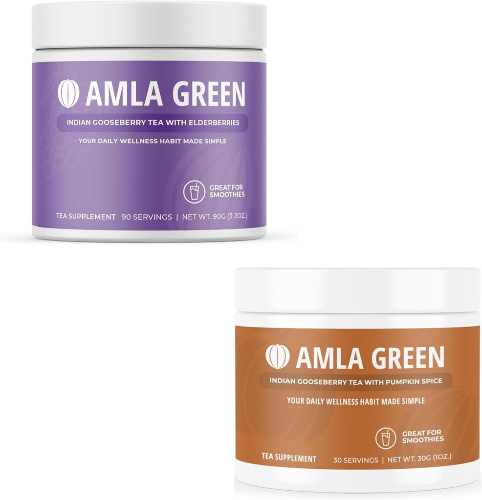 Amla Powder " Green Tea Superfood Supplement, Antioxidant Support, Made with Elderberries (90 porciones) " Pumpkin Spice (30 porciones), Organic, Vegan
