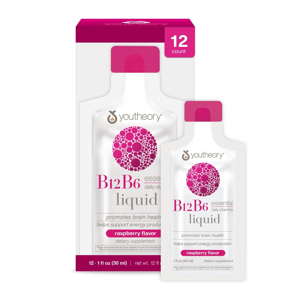 Teoría Vitamina B12 B6, suplemento de energía diaria y apoyo cerebral, sabor líquido de frambuesa, 12 – 1oz Paquetes de servicio único