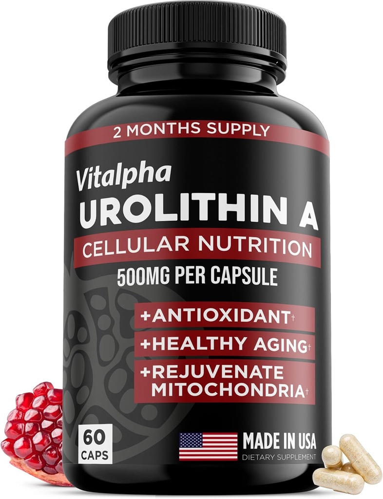 Anti-Aging Urolithin A Supplement - Pure & Powerful Antioxidant Protection Mitochondrial Supplements - Natural Energy Boost - Mitochondrial Health & Cell Repair Support for Men & Women - 60 Caps