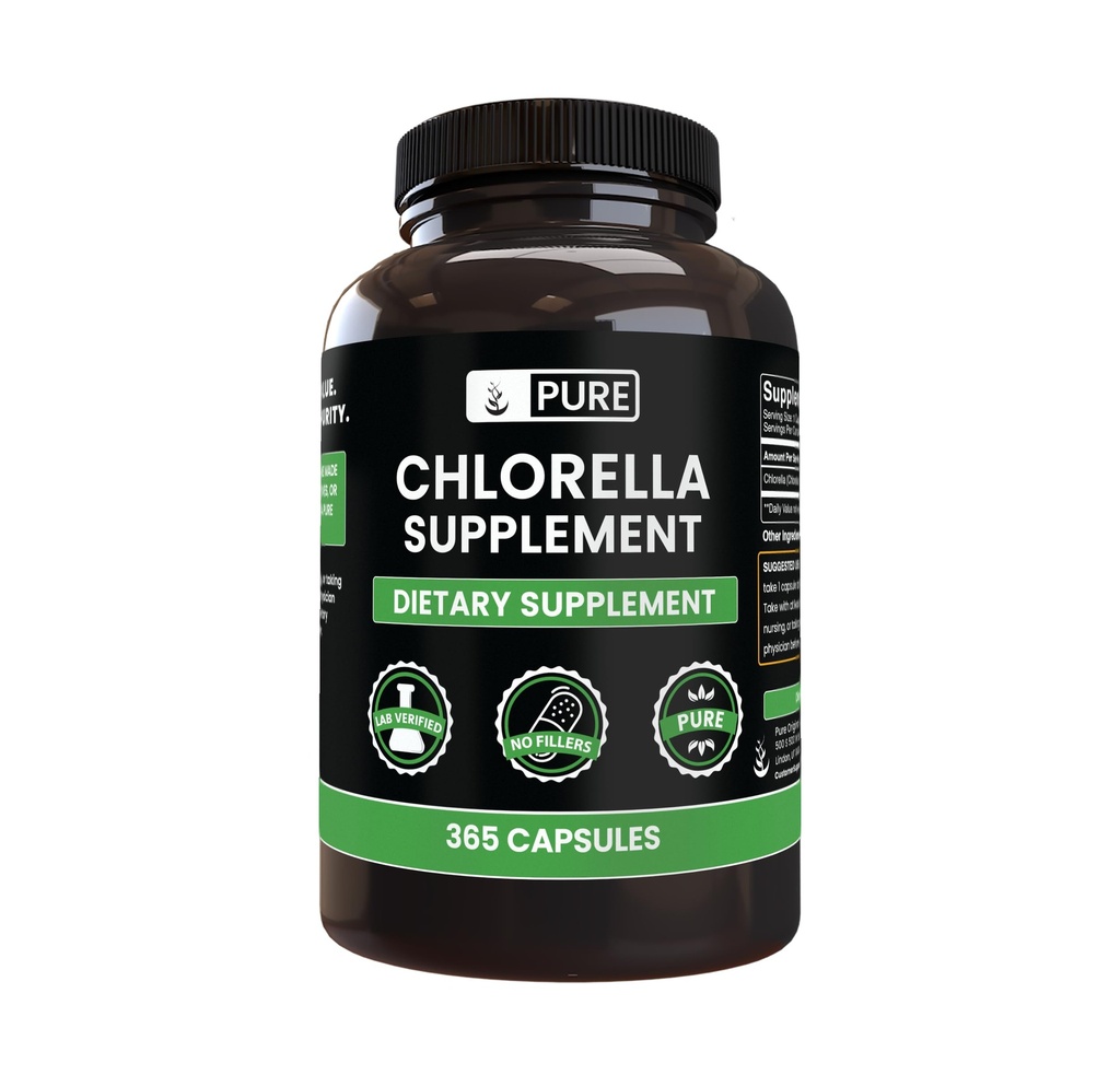 Ingredientes originales puros Clorella (365 capsules) No hay magnesio ni rifles de arroz, siempre puros, lab verificados