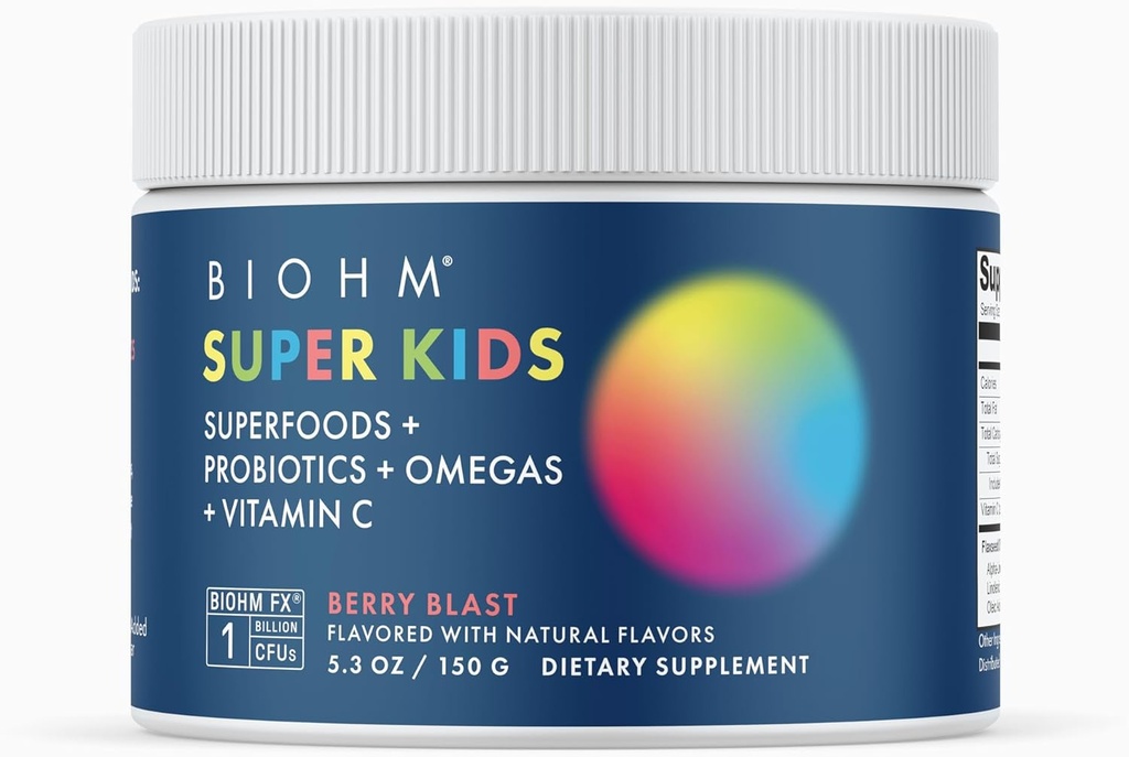 BIOHM Super Kids Superfood Powder Plus Probiotics, (5.3 Oz, 30 Servings) Delicious Berry Blast, Antioxidantes, Omega 3 &amp; Vitamina C, Non-GMO, Dairy Free, No Artificial Ingredients, Vegetarian, Edades 4+