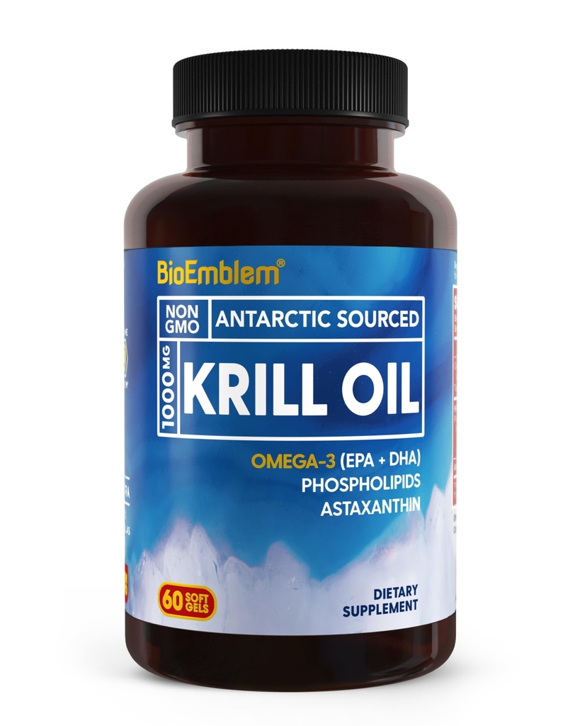 BioEmblem Aceite de Krill Antártico Suplemento de 1000mg TENGA-3 Aceite con Altos Niveles de EPA + DHA, Astaxanthin y Phospholipids TEN NO Fishy Aftertaste TEN 60-Count Non-GMO Softgels