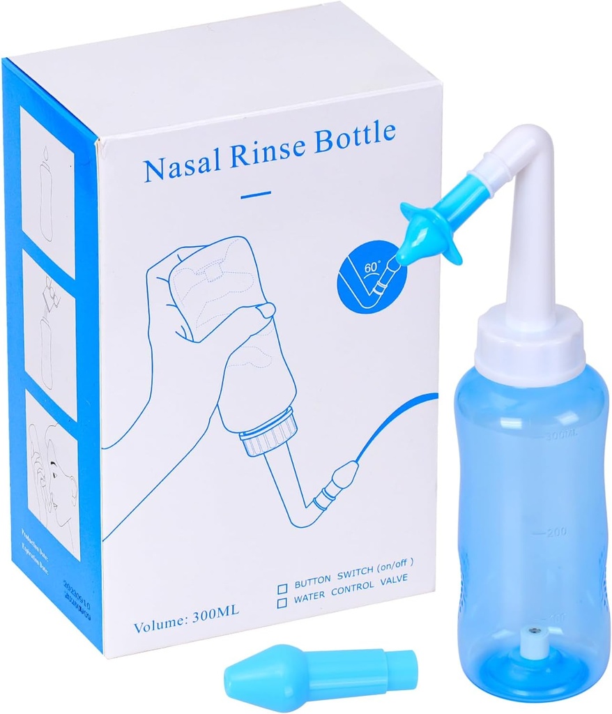 Neti Pot Sinus Rinse Bottle Pressure Nasal Irrigation Wash Sinus Rinsing Kit Bottle Nose Cleaner for Adult & Kids BPA Free (300ML, Blue)