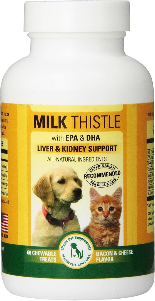Milk Thistle Liver & Kidney Supplement for Dogs and Cats with DHA, EPA, Silymarin, and Vitamin B (B1 B2 B6 B12) to Prevent Liver and Kidney Disease - 60 Chewable Treats - Bacon Cheese Flavor