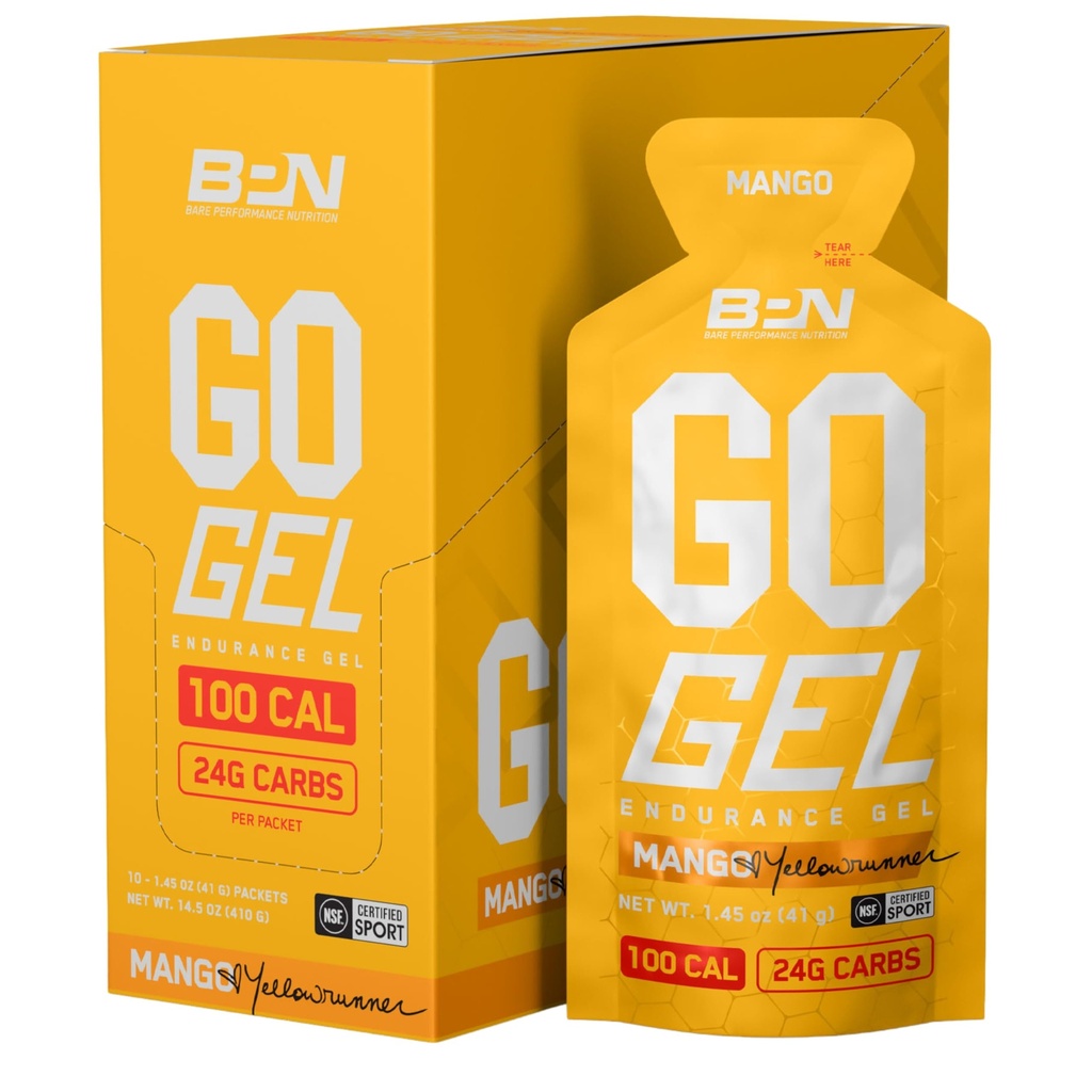 BARE PERFORMANCE NUTRITION, BPN Go Gel Endurance, 24g of Carbohydrates &amp; 100 Calories per Pack, Vegan + Gluten Free Running Gel, 10 Single-Serving Packs, Mango