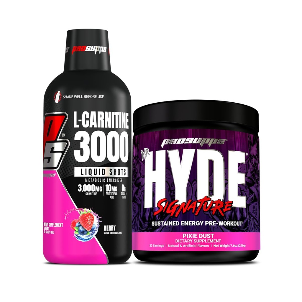 PROSUPPS L-Carnitine 3000 Stimulant Free Liquid Shots (31 Servings, Berry) y Mr. Hyde Signature Series Pre-Workout Energy Powdered Drink (30 Servings, Pixie Dust) Bundle