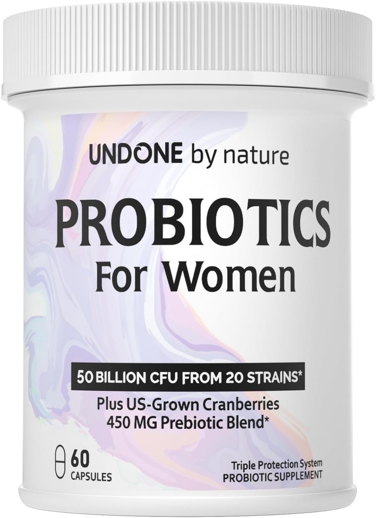 Probiótico para mujeres, 50 millones de probióticos de mujeres CFU con prebióticos, más arándano estadounidense, apoyo de GI, salud de las mujeres, sistema de protección triple, liberación tardía, 60 cápsulas