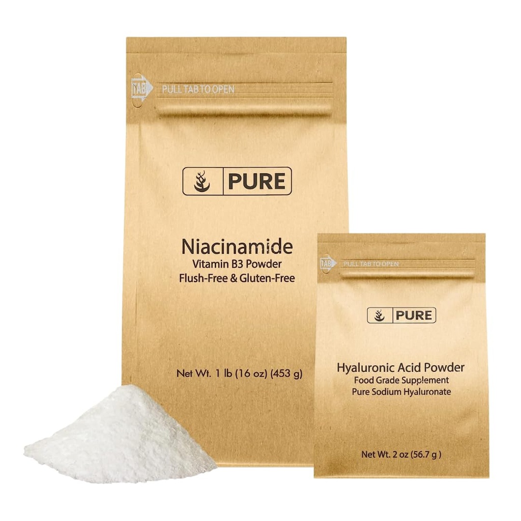 PURE ORIGINAL INGREDIENTES Ácido hialurónico (2 oz) y Niacinamida (1 lb) Agrupo, libre de fluidos, polvo fino
