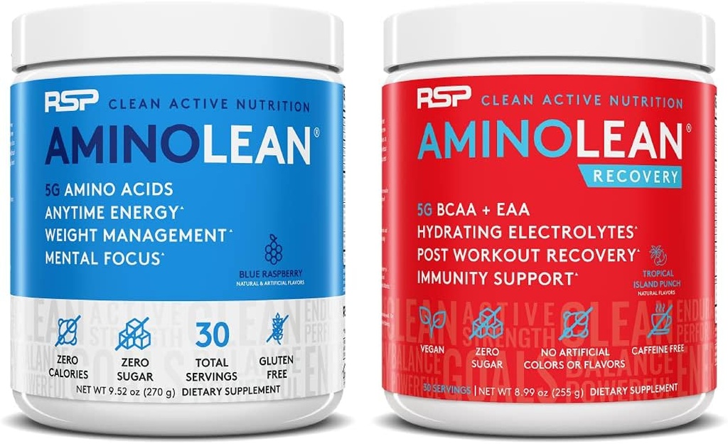 RSP NUTRITION AminoLean Pre Workout Energy (Blue Raspberry 30 Servings) con AminoLean Recovery Post Workout Boost (Tropical Island Punch 30 Servimientos)