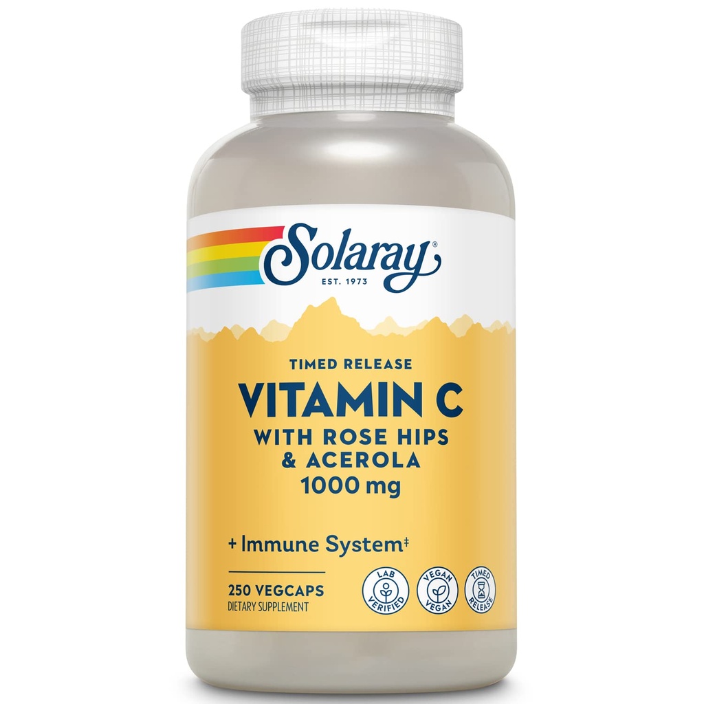 SOLARAY Vitamin C 1000mg - Time Release Vitamin C Capsules w/Rose HIPS and Acerola for Bioflavonoid Support - Two-Stage, All-Day Immune Support - Vegan, 60 Day Guarantee, 250 Servings, 250 VegCaps