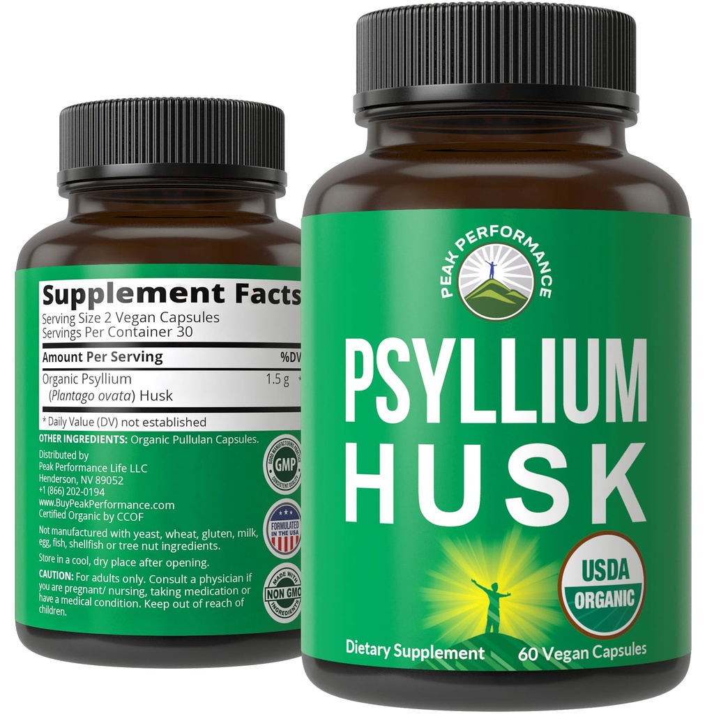 USDA Organic Psyllium Husk Vegan Capsules Made with Organic Psyllium Husk Seed. Suplemento de fibra para Gut. Prebióticos Digestivos. Pills for Digestion, Roughage Without Bloating. Cuadros