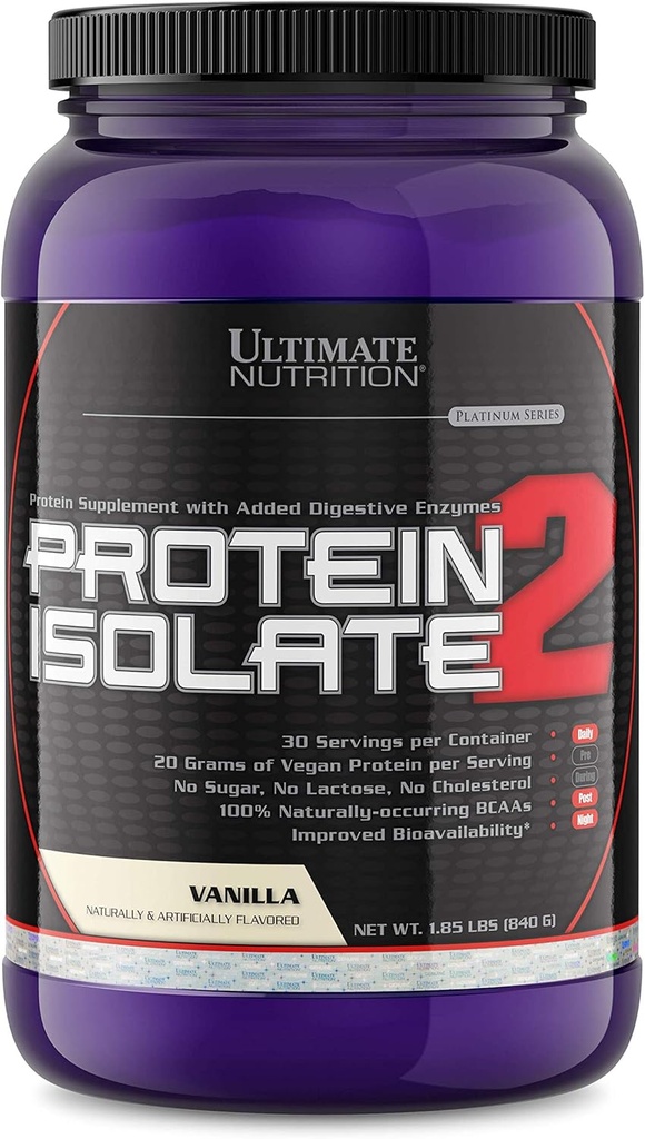 Ultimate Nutrition Vegan Plant Based Protein Isolate Powder - No Sugar and No Lactose - 20 Gramos de Protein Por Serving con BCAAs 100% Naturalmente Afectados, Vanilla, 2 Libras