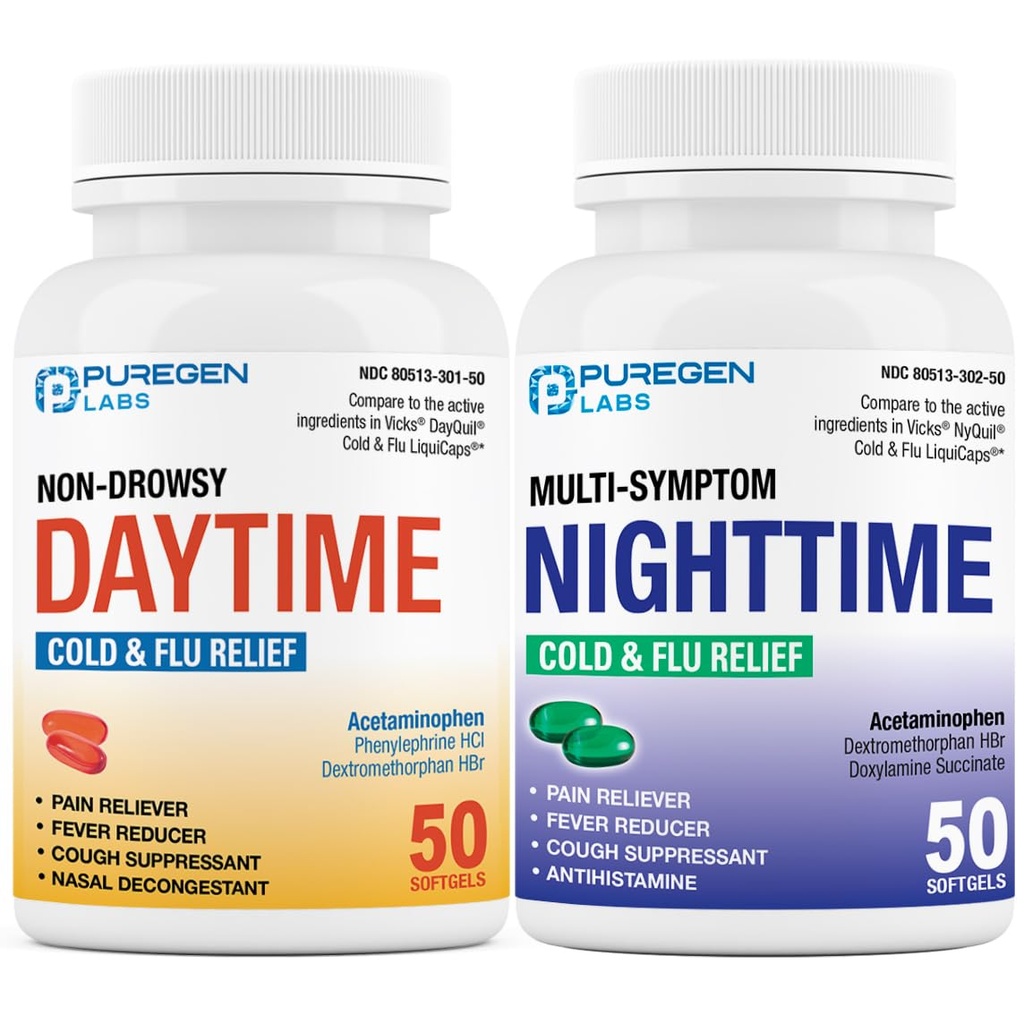 Puregen Labs Daytime and Nighttime Combo Pack, Cold and Flu Relief Medicine ¦ Powerful Multi-Symptom Daytime and Nighttime Relief for Headache, Fever, Sore Throat, Cough, Congestion and Aches