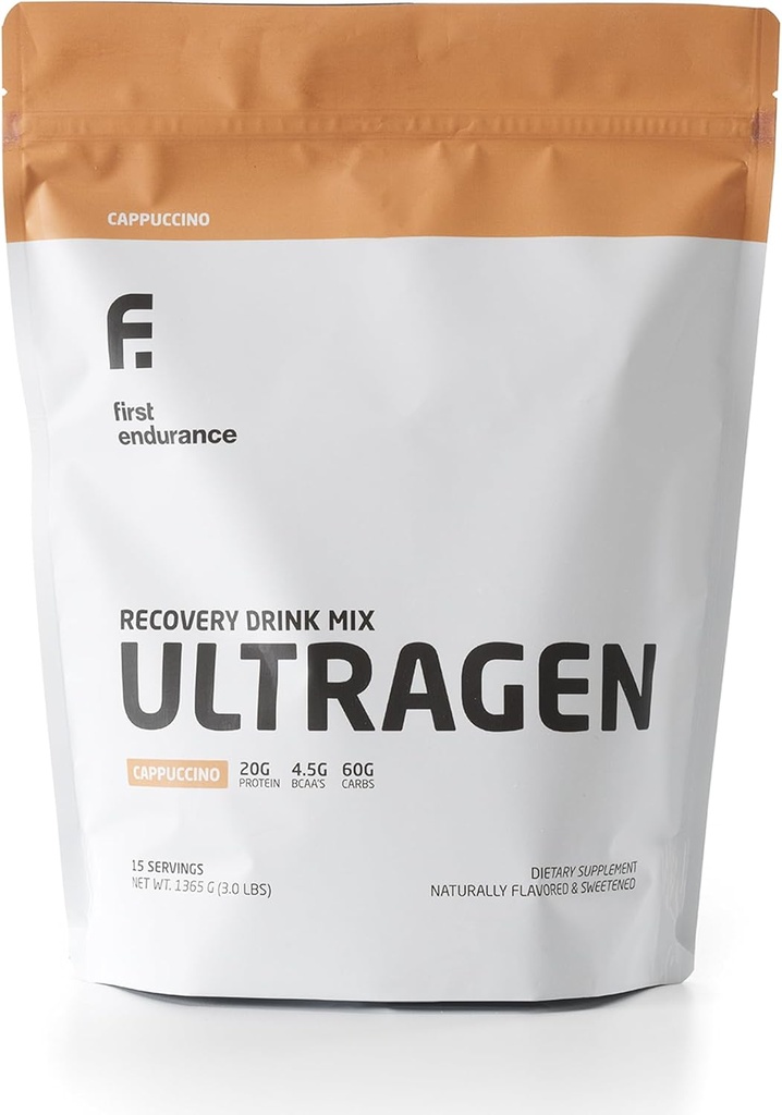 FIRST ENDURANCE Ultragen Workout Recovery Drink Powder, Protein Mix, Boosts Energy, Accelerates Recovery | Cappuccino, 15 Servings