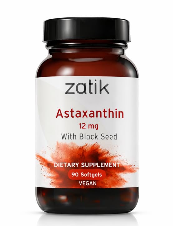Zatik Naturals - Astaxanthin 12mg con semilla negra orgánica, antioxidante, 90 Softgeles veganos
