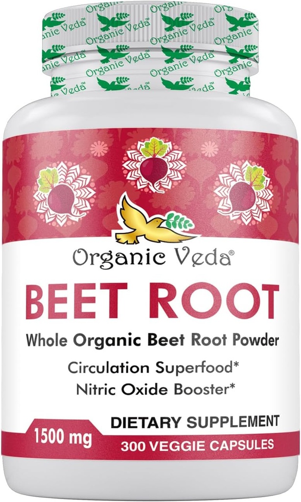 Organic Veda Beet Root Capsules 1500mg - 300 Beet Root Powder Capsules with High Strength Nitrates to Support Circulation, Nitric Oxide, Energy, Endurance & Stamina - Non-GMO & Gluten-Free