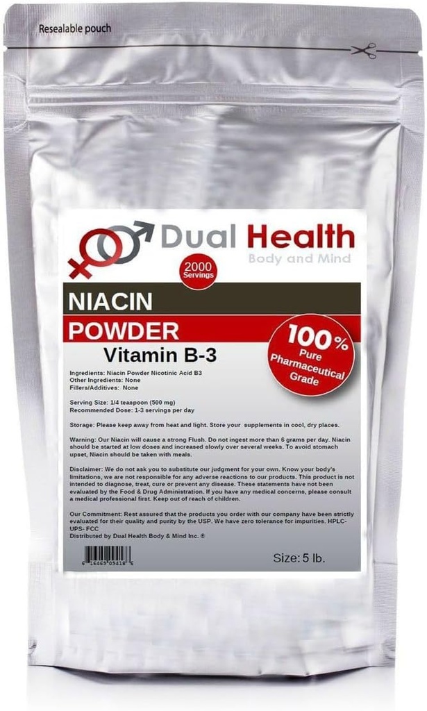 Niacin Powder (5 lbs) Vitamina B3 Bulk Suplemento de liberación inmediata Niacina con Flush Ácido Nicotínico No GMO, Vegan, Gluten Free Company Absorción rápida No GMOs, Fillers, Aditivos o Metales Pesados