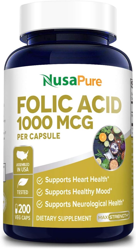 NusaPure Folic Acid 1000mcg 200 Veggie Caps (Non-GMO, Vegetarian, Gluten Free)