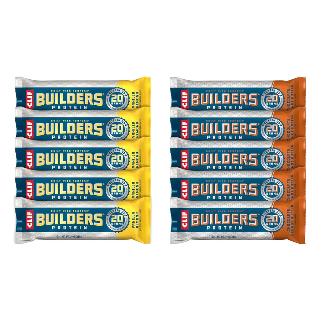 CLIF Builders - Chocolate Peanut Butter and Vanilla Almond Flavor - Vaiety Pack - Plant Based Protein Bares - Gluten Free - Non-GMO - Low Glycemic - 20g Protein - 2.4 oz. (10 Conde)