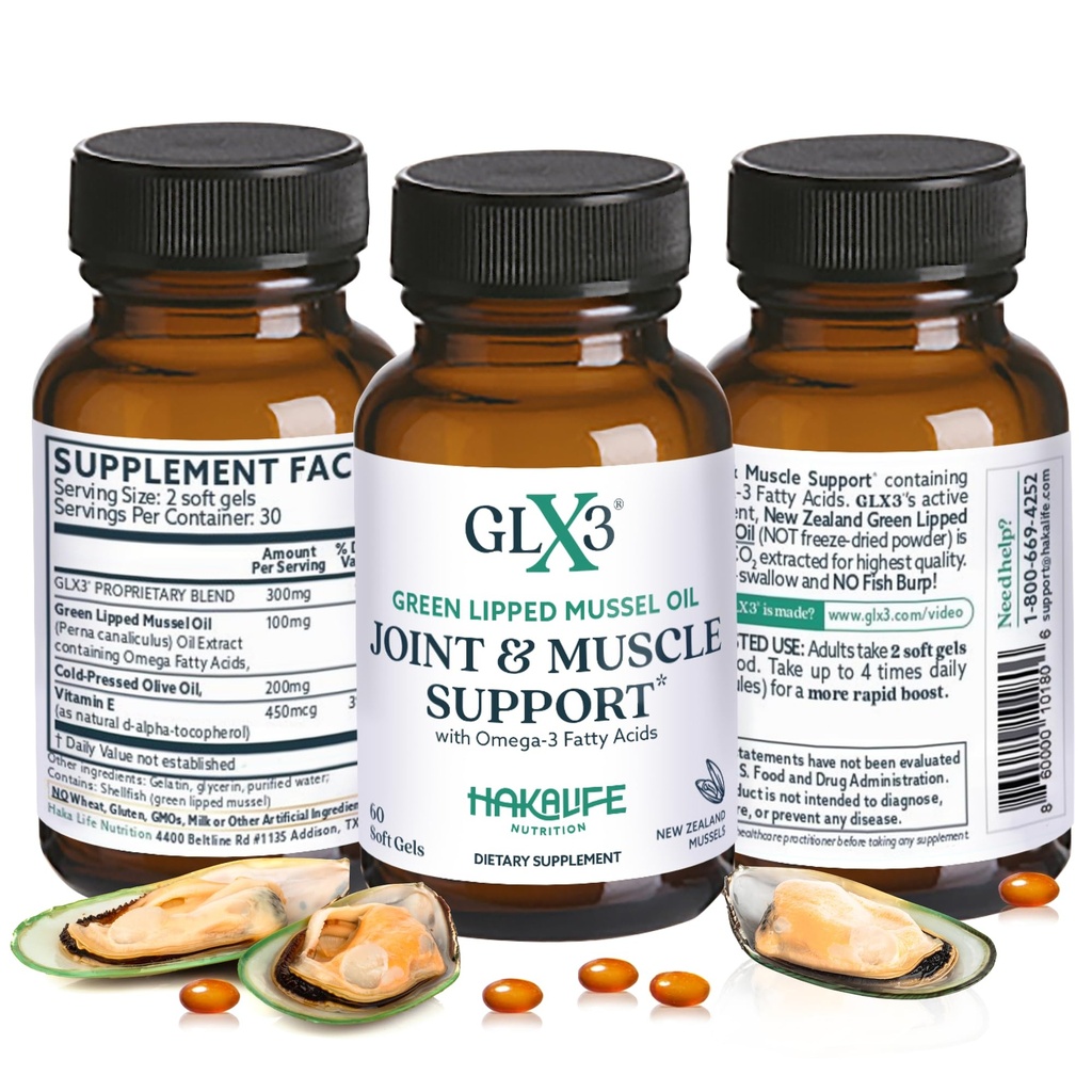 GLX3 Green Lipped Mussel Oil Capsules for Joint and Muscle Support ← Extra-Strength ETA, EPA, DHA Omega-3 Green Lipped Mussel Supplement for Comfort, Flexibility & Recovery by HakaLife GLX3