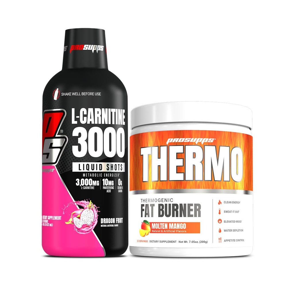 PROSUPPS L-Carnitina 3000 Zapatos líquidos libres estimulantes (31 Servings, Dragon Fruit) y Termo grasa quemando de polvo termogénico (25 Servings, Molten Mango) Bundle