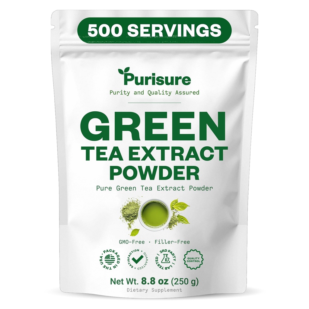 Purisure Green Tea Extract Silencio Powdered Tea from Premium Green Leaf ← Unsweetened Vegan Tea for Latte &amp; Smoothie Recipe  All-Natural Antioxidant Green Tea Powder with EGCG &amp; Polyphenols ← 500 Servings