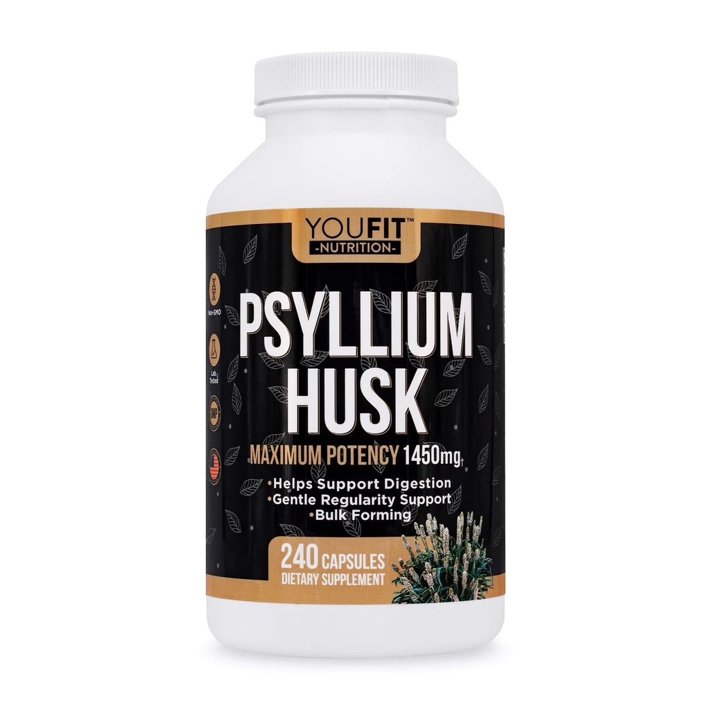 PSYLLIUM Husk Capsules - Premium Psyllium Fiber Supplement - Promotes Intestinal Health and Regularity - 100% Natural Soluble Fiber 1450mg Por Serving - 240 cápsulas