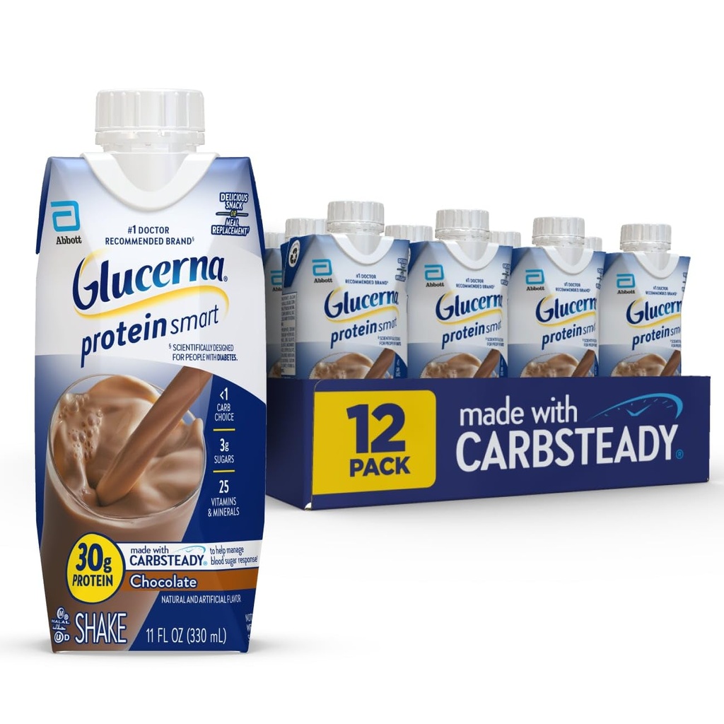 Glucerna Protein Smart Diabetes Care Shake, Chocolate, Diabetic Meal Replacement to Support Blood Sugar Management, 30g Protein, 150 Calories, Listo para beber, 11-fl-oz Bottle, 12 Pack