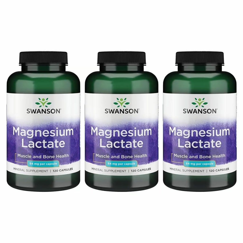Lactato de magnesio Swanson - Suplemento Mineral Promoción de la Salud Musculo y Hueso - Forma Mineral Lactada Libre de Lactosa para Absorción Gentil - (120 cápsulas, 84 mg cada uno) 3 Pack