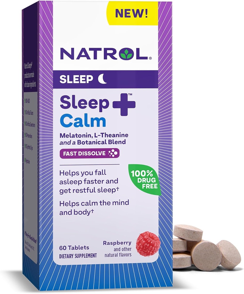 Natrol Sleep + Calm Melatonin 6mg con L-Theanine 50mg y un Blend botánico, Suplemento dietético para el descanso y una mente tranquila y cuerpo, 60 tabletas de disuelve rápido sabor a fresa, 60 días de suministro