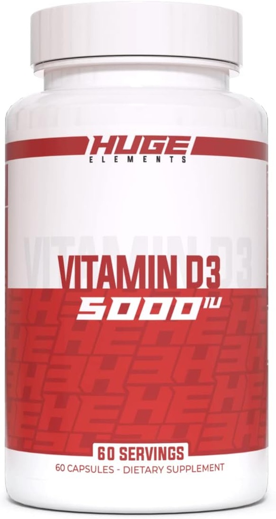 Suplementos enormes Vitamina D3, 5000 UI (125mcg) por servicio, no GMO, libre de gluten, libre de soja - admite sistema inmunológico, salud ósea y mood (60 cápsulas)