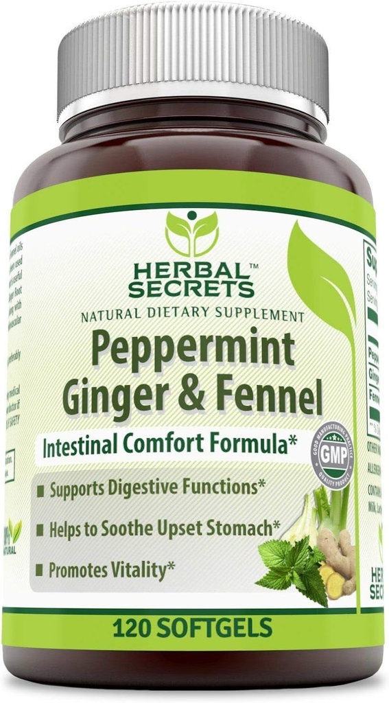 Herbal Secrets Peppermint Ginger & Fennel 120 Softgels (No-GMO) - Apoya Funciones Digestivas* - Promueve la Vitalidad*- Ayuda a Sooth Upset Stomach*