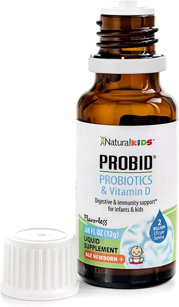 NaturalKids Probióticos líquidos para bebés " Niños con gotas de vitamina D Probiótico para bebés Salud digestiva " Suplemento de apoyo inmunológico - Probid Baby Probiotic Drops - Flavorless .68 Fl Oz.
