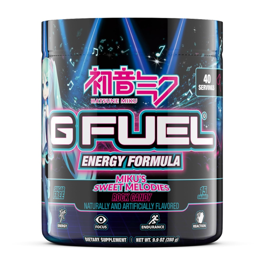 G Fuel Sweet Melodies Hatsune Miku Energy Drink Powder, Pre Workout Caffeine Mix for Gaming, Sugar Free Focus Amino, Vitamin + Antioxidants, 9.9oz (Rock Candy, 40 Servings)